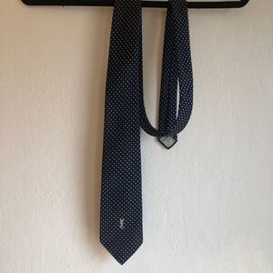 YSL Yves Saint Laurent Navy Blue Polka Dot Tie necktie logo branded